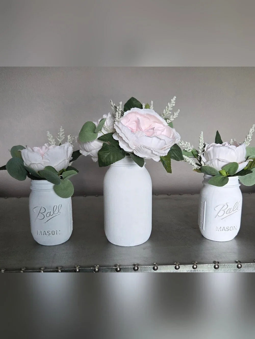 Set of 3 White Chalk Painted Mason Jars w/Pink & White Fake Flowers